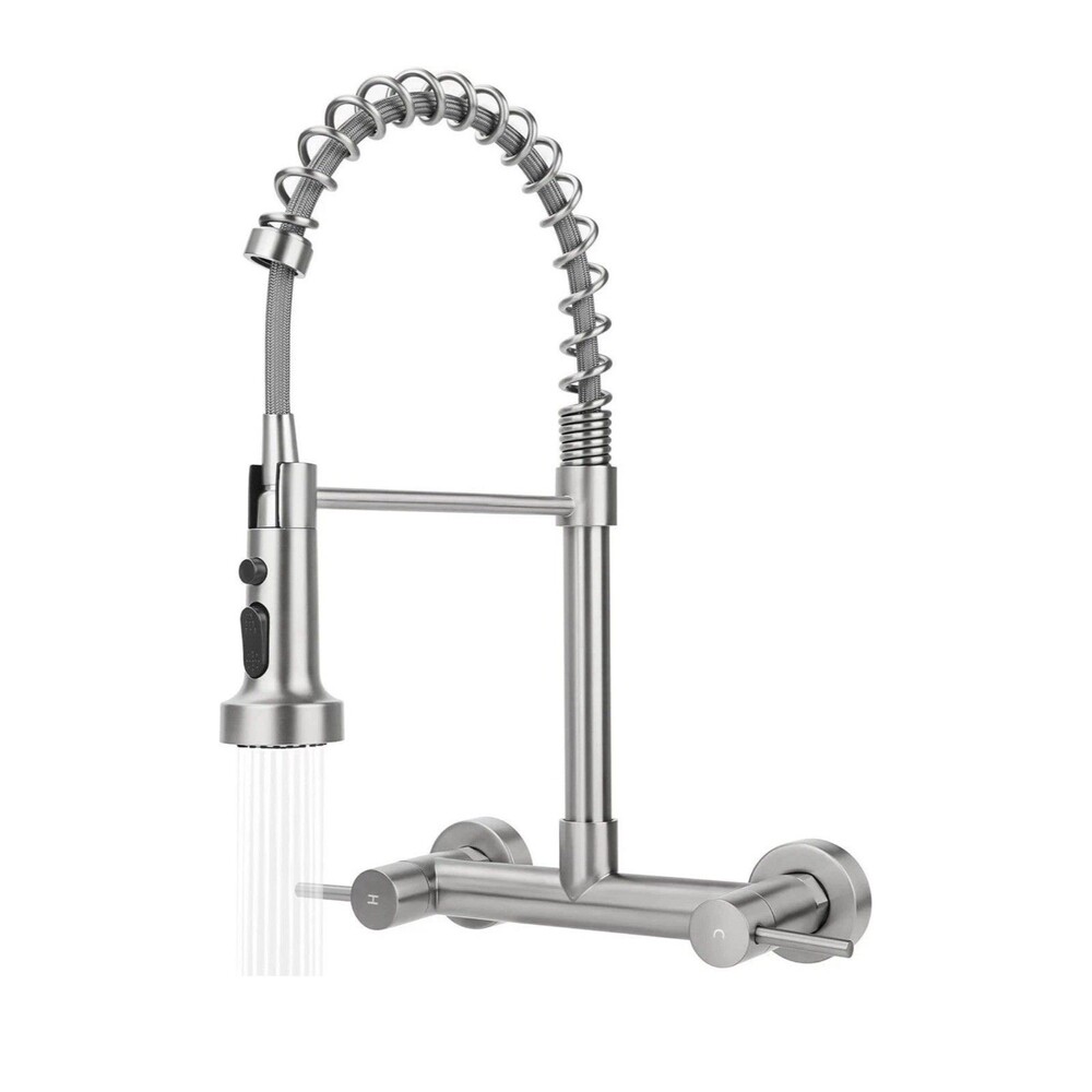Wall Mount Kitchen Sink Faucet, 8 Inch Faucet Pull Down Sprayer Brushed Nickle